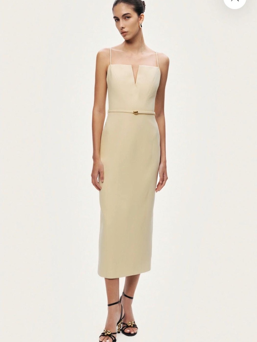 Cream Midi Dress with Slim Belt and Square V-Notch